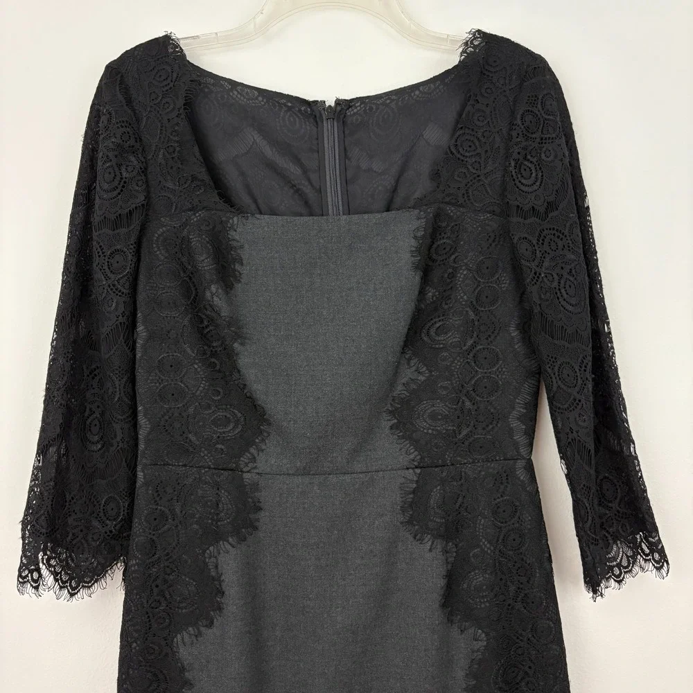 NWT Tory Burch Lainey Dress Size 6 Grey Melange Black Lace 3/4 Sleeve Wool Blend